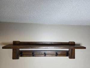 lot 171 image: Wooden Wall Shelf with Coat Hooks