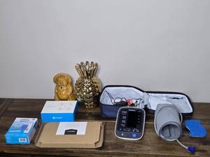 lot 173 image: Omron Blood Pressure Monitor BP785 with Accessories and Decor Items