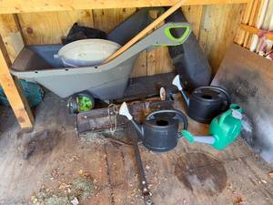 lot 222 image: Set of Watering Cans, Seed Spreader, and Manual Lawn Mower