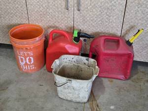 lot 233 image: Set of Containers 2 Red Gas Cans, Orange Bucket, and White Utility Pail
