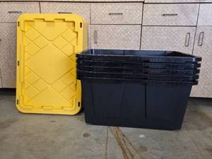 lot 235 image: Set of 4 Heavy-Duty Black Storage Bins with Yellow Lids