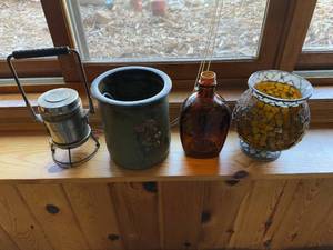 lot 264 image: Collection of Vintage Decor Items Lantern, Ceramic Vase, Amber Bottle, Mosaic Candle Holder