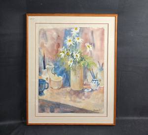 Framed Floral Watercolor Signed Laura '92 Featuring Still Life with Flowers