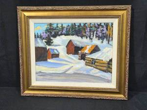 lot 13 image: Framed Winter Landscape Painting of Log Cabin Snow by Underground Gallery