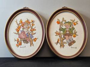 lot 48 image: Hummel Cross Stitch Picture Set - Boy and Girl in Apple Tree