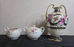lot 68 image: Antique Nippon Hand-Painted Porcelain Creamer, Sugar Bowl, and Vase Set