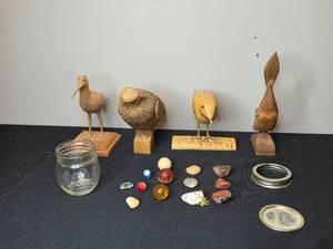 lot 123 image: Collection of Wooden Bird Sculptures and Glass Jar with Assorted Stones