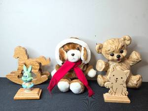 lot 124 image: Collection of 5 Vintage Figurines Including Teddy Bear and Wooden Rocking Horse
