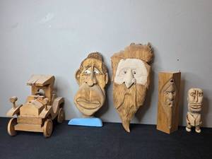 lot 126 image: Collection of Handcrafted Wooden Sculptures, Including Vintage Car and Figures