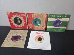 lot 149 image: Collection of Vintage 45 RPM Vinyl Records with Sleeves