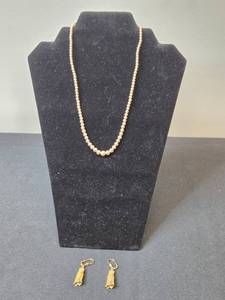 lot 153 image: H Stamp on Faux Pearl Necklace Clasp & Gold Tone Tassel Earrings