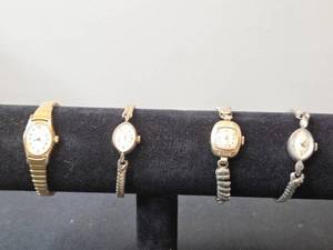 lot 155 image: Set of 4 Vintage Womens Wristwatches - Timex, Waltham, Elgin, Benrus (batteries needed)