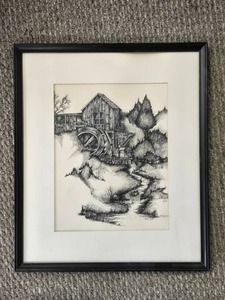 lot 191 image: Framed Pen and Ink Print of Old Mill Drawing by Joyce Yee