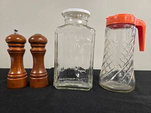 lot 207 image: Set of Kitchen Accessories Glass Dispensers and Wooden Mills