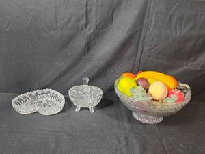 lot 215 image: Set of Crystal Decorative Bowls with Faux Fruit and Heart Dish