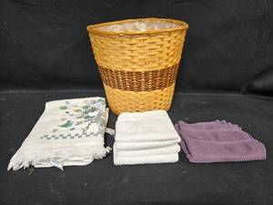 lot 218 image: Wicker Basket with Assorted Towels