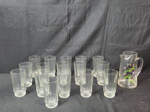 lot 234 image: Set of Clear Glass Tumblers with Floral Pitcher
