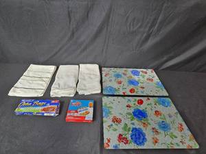 lot 236 image: Two Floral Glass Cutting Boards with Kitchen Towels and Accessories
