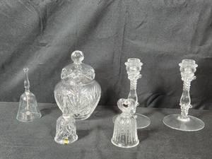 lot 237 image: Set of Elegant Crystal Decor Items including Bells and Candle Holders