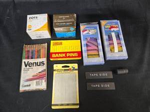lot 241 image: Assorted Craft Supplies Coloring Pencils, Magnets, Velcro, and Adhesive Dots