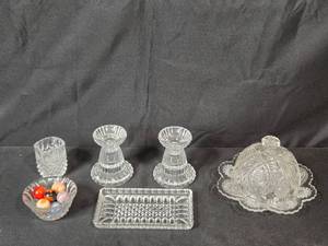 lot 253 image: Vintage Crystal Glassware Collection with Candlestick Holders and Covered Dish