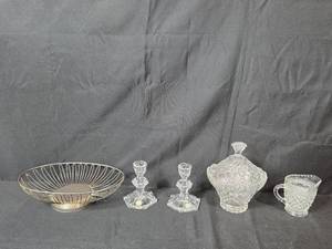 lot 254 image: Antique Glassware Set with Wire Fruit Bowl and Crystal Pieces