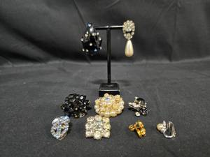 lot 270 image: Assorted Vintage Clip-On Earrings with Crystals and Faux Pearls