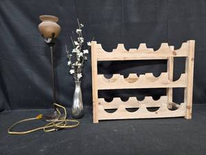 lot 279 image: Wooden Wine Rack, Decorative Table Lamp, Silver Vase with Faux Flowers