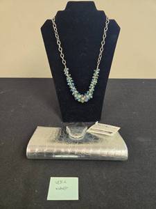 lot 284 image: Vera Wang Necklace and Silver Cosmetic Clutch with Brushes