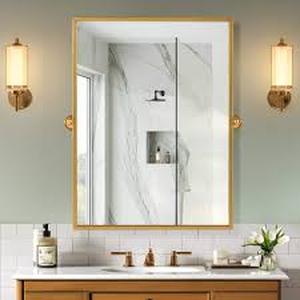 lot 15 image: Dovelina 38 in. H x 26 in. W Modern Rectangle Metal Framed Pivoted Wall Vanity Mirror Customer Returns See Pictures