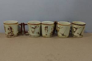 lot 131 image: Set of 5 Antique 1960s McCoy El Rancho Bar-B-Q Western Coffee Cups