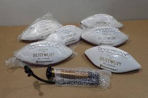 lot 175 image: 6 Novelty Footballs with Pump - Suit Up Will You Be My Groomsman