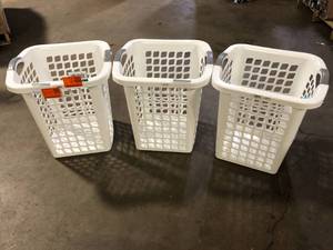 lot 13 image: Lot of White Plastic Laundry Hamper with Portable Comfort Grip Handles by Taurus Customer  Returns See Pictures