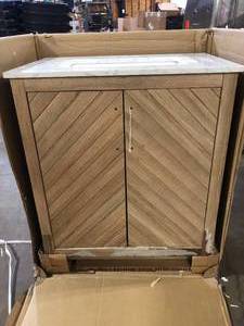 lot 19 image: Glacier Bay Huckleberry 30 in. Single Sink Weathered Tan Bath Vanity with White Engineered Marble Top (Assembled) Damaged   Customer  Returns See Pictures