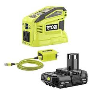 lot 10 image: RYOBI 150-Watt Push Button Start Power Source and Charger for ONE 18-Volt Battery Generator with 2.0 Ah Battery Customer  Returns See Pictures