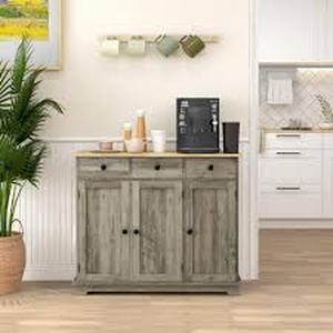 lot 23 image: HOMCOM Distressed Light Gray Wood 39.75 in. Sideboard with 3-Doors and Drawers for Living Room Customer  Returns See Pictures
