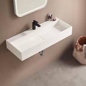 lot 39 image: 47 in. Wall Mount or Countertop Bathroom Hidden Drain Sink with Double Faucet Holes in Matte White  Customer  Returns See Pictures