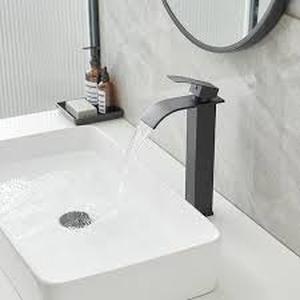 lot 17 image: BWE Waterfall Single Hole Single Handle Tall Bathroom Vessel Sink Faucet With Supply Hose in Matte BlackCustomer Returns See Pictures