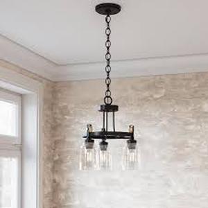 lot 35 image: Home Decorators Collection Knollwood 17-12 in. 3-Light Black Bronze with Brass Accents Industrial Round Chandelier for Kitchens Bulbs Included Customer Returns See Pictures