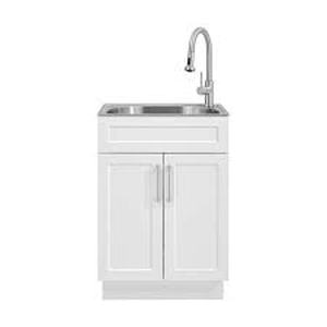 Glacier Bay All-in-One Stainless Steel 24 in Laundry Sink with Faucet and Storage Cabinet in White  Customer Returns See Pictures
