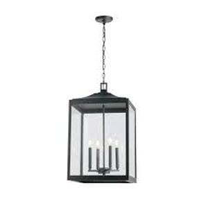 lot 28 image: Home Decorators Collection Havenridge 4-Light Matte Black Outdoor Chandelier with Clear Glass (1-Pack) Customer Returns See Pictures
