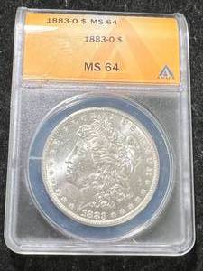 lot 08 image: 1883-O US MORGAN SILVER DOLLAR ANACS MS64