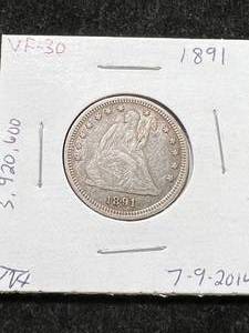 lot 23 image: 1891 US SEATED LIBERTY QUARTER