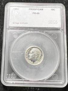 lot 24 image: 1963 US PROOF ROOSEVELT DIME SEGS PR69