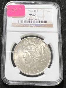 lot 41 image: 1922 US PEACE SILVER DOLLAR NGC MS63