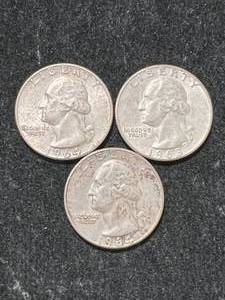 lot 57 image: 3 US SILVER WASHINGTON QUARTERS