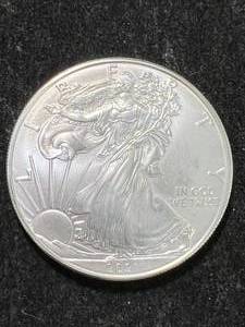 lot 64 image: 2021 AMERICAN SILVER EAGLE 1 TROY OZ .999 FINE SILVER