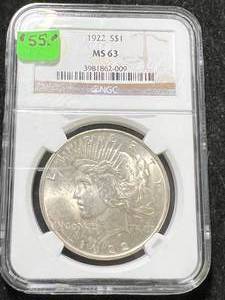 lot 68 image: 1922 US PEACE SILVER DOLLAR NGC MS63
