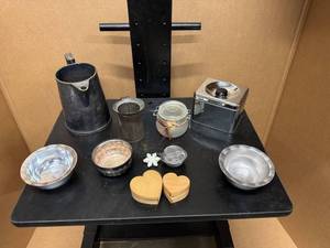 lot 61 image: Vintage Pitchers and Containers includes Notre Dame Reed & Barton Pitcher Silver Soldered 80oz