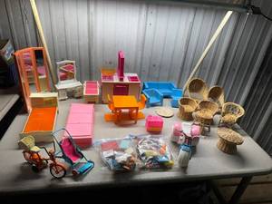lot 67 image: Vintage Barbie and Dollhouse Furniture and Accessories, Includes, Orange Barbie Sized Bike and Little MS Three Wheeler for Barbie